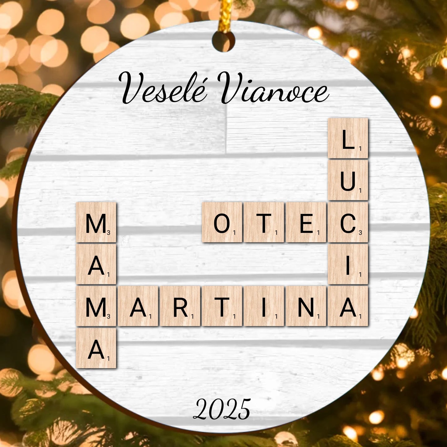 Personalizovaná vianočná ozdoba so slovnou skladačkou – vlastný text a mená