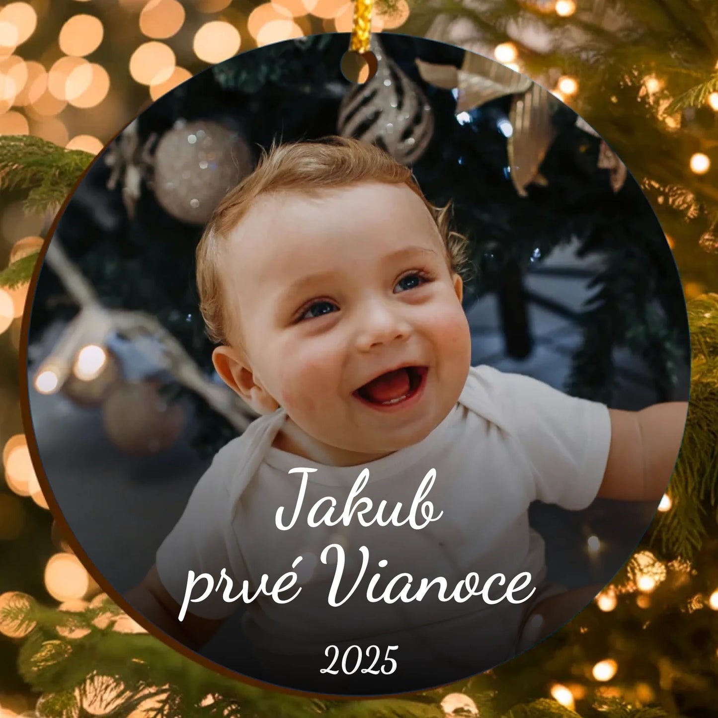 Personalizovaná vianočná ozdoba – prvé Vianoce dieťaťa s vlastnou fotografiou a textom