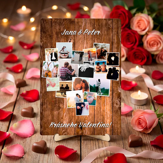 Personalizovaná stolová dekorácia so srdcovou fotokolážou – vlastné fotografie a text