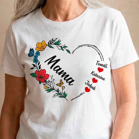 Personalizované tričko Mama s menami detí – kvetinové srdce